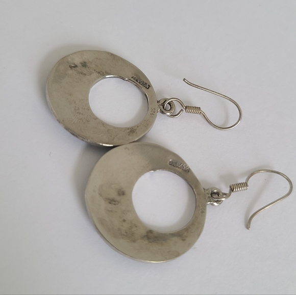 Vintage Sterling Silver Boho Western Mexico Turquoise Inlay Round Drop Earrings - Picture 10 of 12